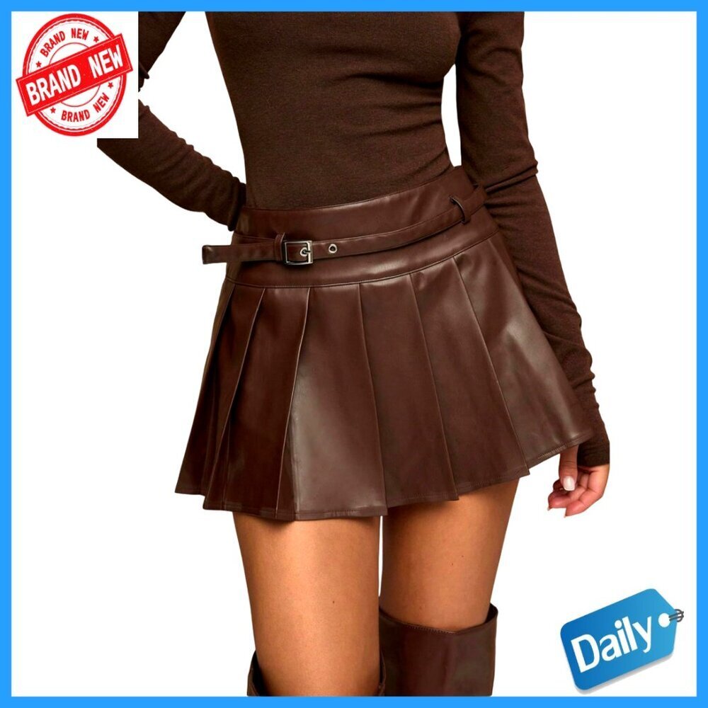 PU Leather Pleated Mini Skirt with Belt, High Rise A-Line, Fall Style